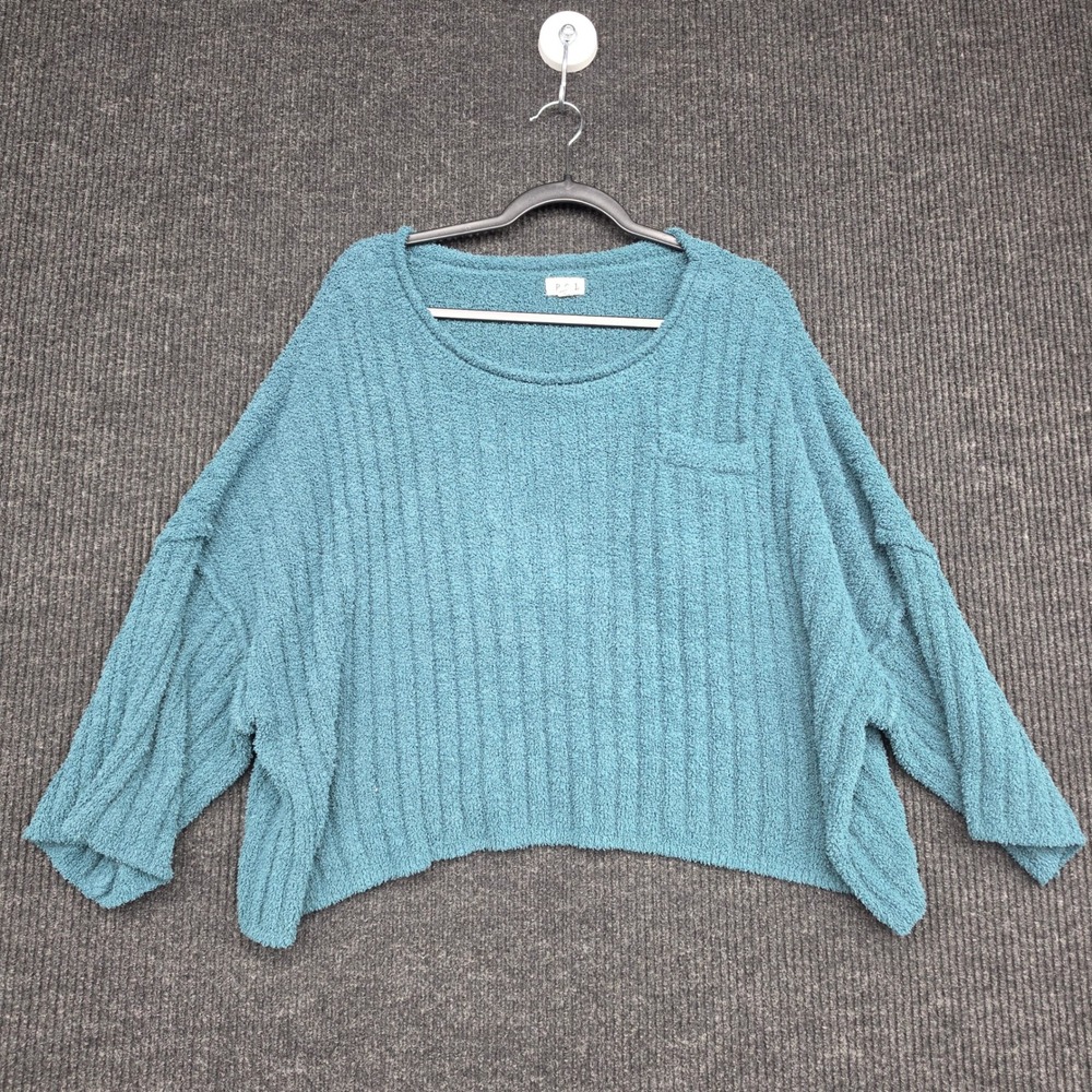 POL Clothing Teal Blue Fuzzy Popcorn Ribbed Knit Oversized Sweater YKT486 Small